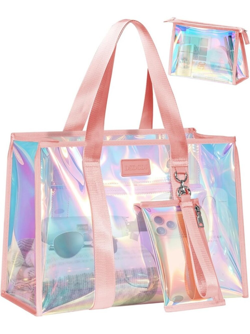 Large Iridescent Beach Tote Bag with Phone Pouch & Makeup Bag - Waterproof